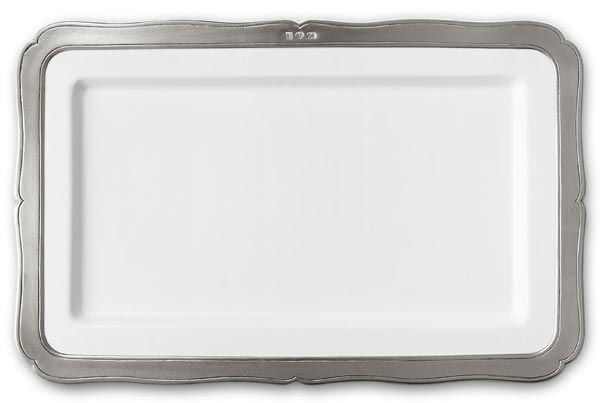 Bandeja rectangular, gris y blanco, Estaño y Cerámica, cm 37,5 x 24