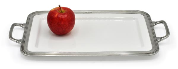 Rectangular handles serving platter, grey and White, Pewter and Ceramic, cm 37,5 x 24