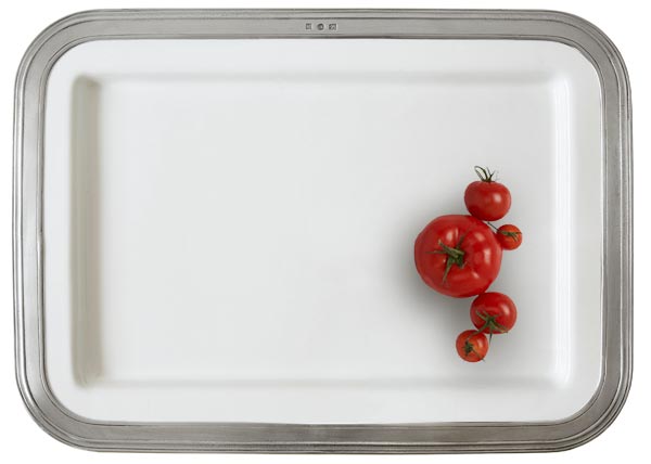 Bandeja rectangular, gris y blanco, Estaño y Cerámica, cm 42 x 31