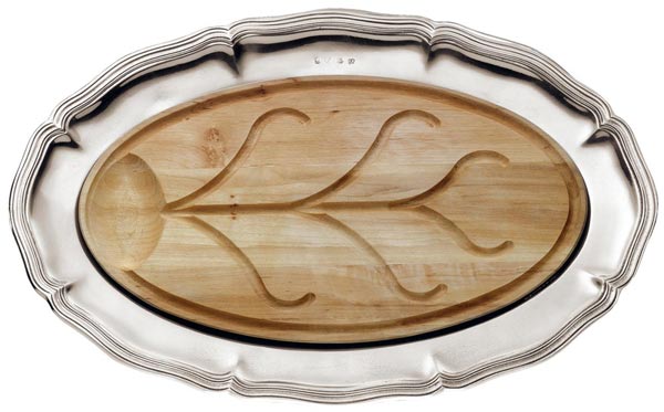 Servierplatte oval mit Schneidbretter (Kirschholz), Grau und rot, Zinn und Holz, cm 57 x 38
