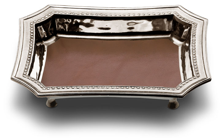 Pocket change tray with leather insert, gri, Cositor, cm 21,5 x 17