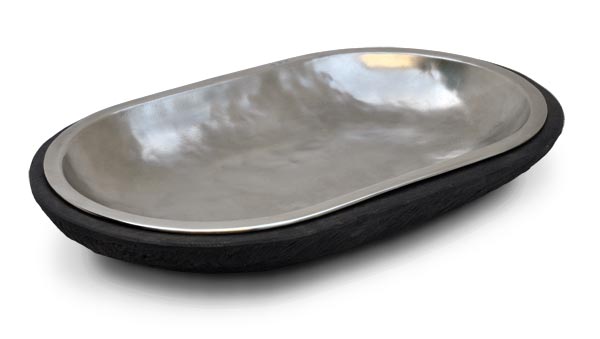 Piatto ovale, grigio e nero, Metallo (Peltro) e Legno, cm 40,5 x 25,5 x 5,5