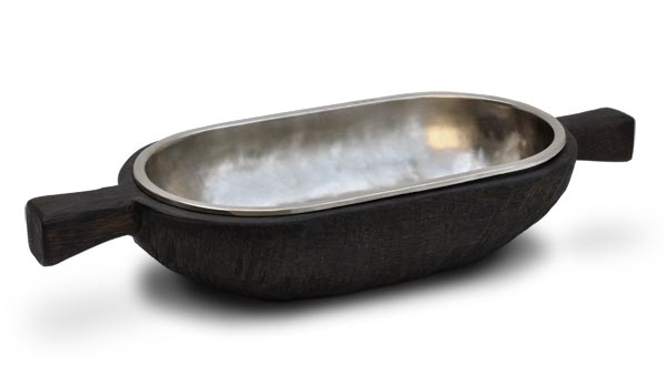 Oval bowl with handles, grey and black, Pewter and Wood, cm 44 x 17,5 x h 7,5