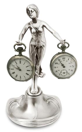 Pocket watch stand - lady with outstreched arms, grey, Pewter / Britannia Metal, cm 21