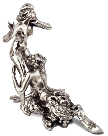 Erotic sculpture - standing woman with devil, grey, Pewter, cm h 9