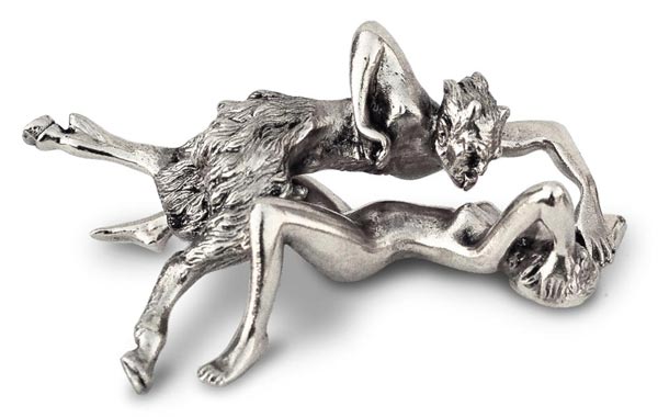 Erotic sculpture - woman and devil laying, grey, Pewter, cm 8.5