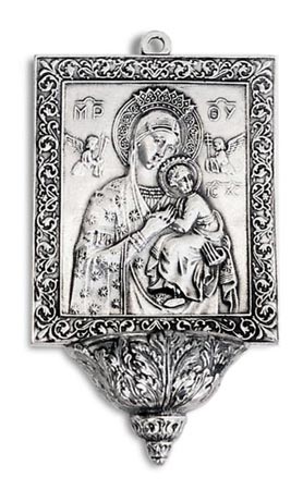 Holy water stoup - Virgin Mary and child, grey, Pewter, cm 17
