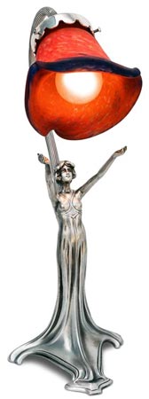 スタンドライト アンティーク ・女性像, グレー および rosso, ピューター / Britannia Metal および ガラス, cm 37,5