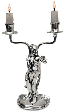 Double-flames candelabra - sitting woman holding a bouquet of flowers, grey, Pewter / Britannia Metal, cm 24 right