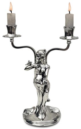 Double-flames candelabra - sitting woman holding a bouquet of flowers, grey, Pewter / Britannia Metal, cm 24 left