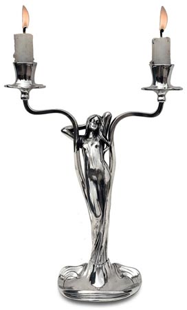 Kerzenleuchter 2 armig - Mädchen Figur mit Händen in den Haaren, Grau, Zinn / Britannia Metal, cm 27.5