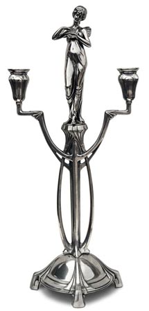 Double-flames candelabra - winged woman, grey, Pewter / Britannia Metal, cm 46