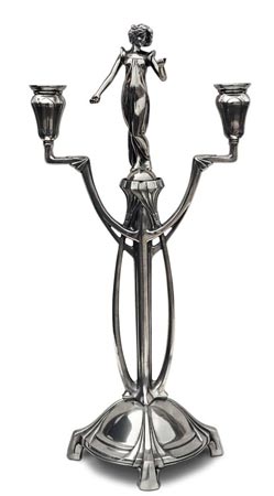 Kerzenständer 2 armig - Mädchen figur, Grau, Zinn / Britannia Metal, cm 46