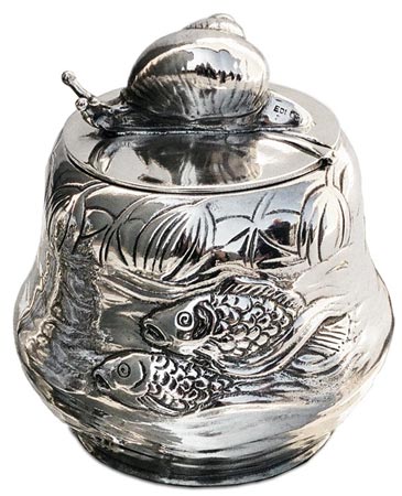 Sugar pot - fish and snail, grey, Pewter / Britannia Metal, cm 9.5