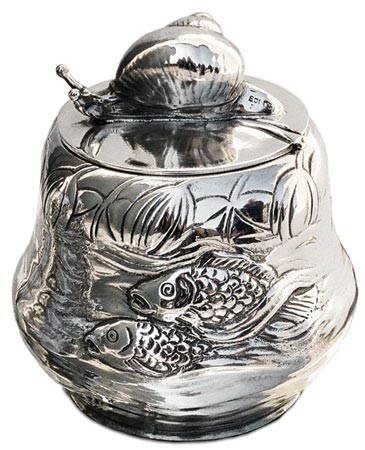 Sugar pot w/fish, gri, Cositor / Britannia Metal, cm 9.5