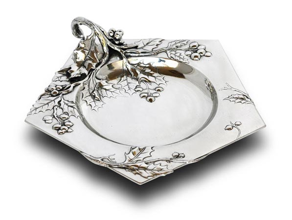 Coupe pentagonale avec anse - branche de houx portant baies, gris, étain / Britannia Metal, cm 24,5x26,5