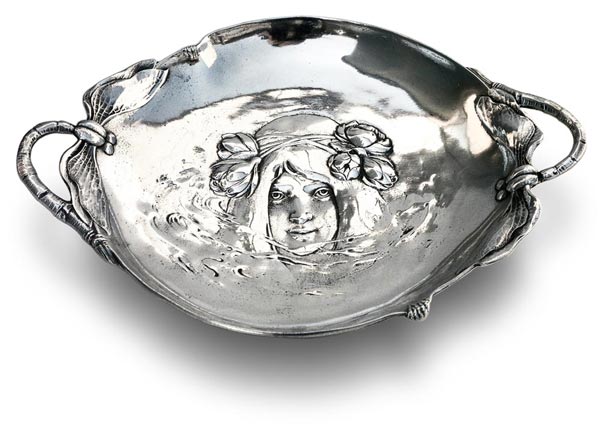 Bowl with handle - face reflected in water, grey, Pewter / Britannia Metal, cm 28 x 20,5 x h 4,5