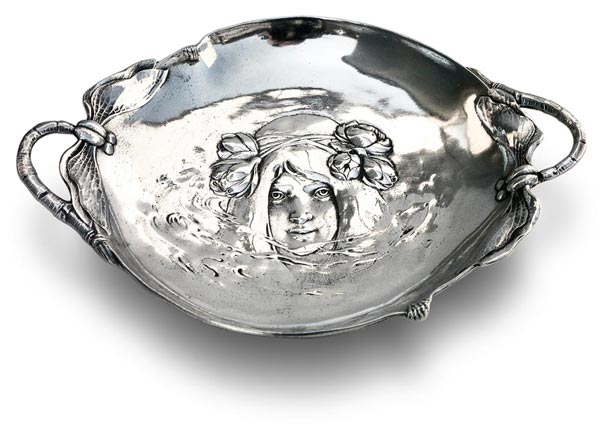 Coupe a fruit - l'eau reflète un visage, gris, étain / Britannia Metal, cm 28 x 20,5 x h 4,5