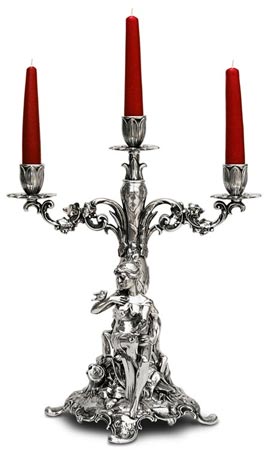 Three-flames candelabra - sitting woman holding a bouquet of flowers, grey, Pewter / Britannia Metal, cm h 37 left