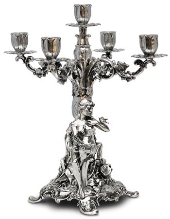 Candelabro 5 fiamme - donna seduta, grigio, Metallo (Peltro) / Britannia Metal, cm h 37 right