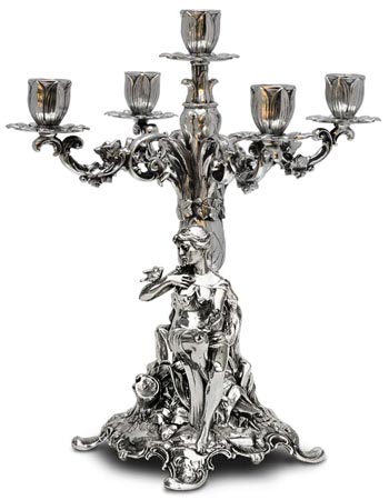 Chandelier 5 branches - femme assis avec des fleurs, gris, étain / Britannia Metal, cm h 37 left