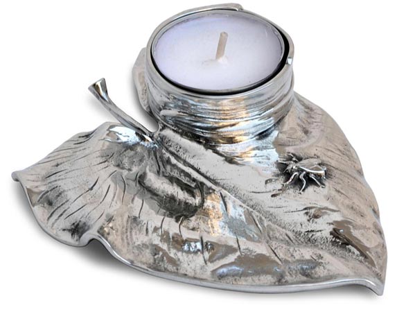 Candle holder - fly on waterlily, grey, Pewter / Britannia Metal, cm 13x9,5x h 2,5