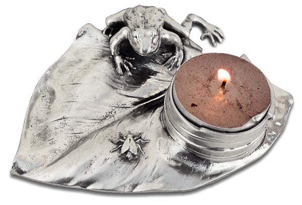 Candle holder -  frog and fly on waterlily, grey, Pewter / Britannia Metal, cm 13x9,5x h 2,5