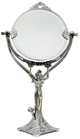 Vanity mirror - lady with child, grey, Pewter / Britannia Metal and Glass, cm 34x h 59