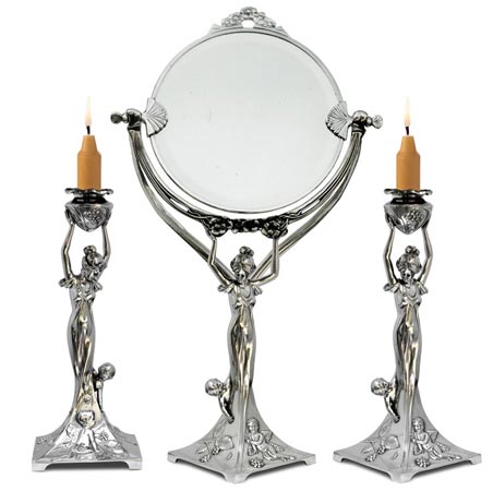 Vanity mirror - lady with child, grey, Pewter / Britannia Metal and Glass, cm 34x h 59