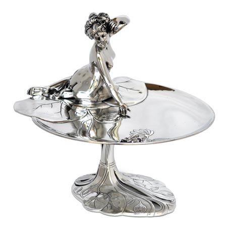 Footed tray - nude bathing beauty and frog on a pond, grey, Pewter / Britannia Metal, cm 23 x h 26
