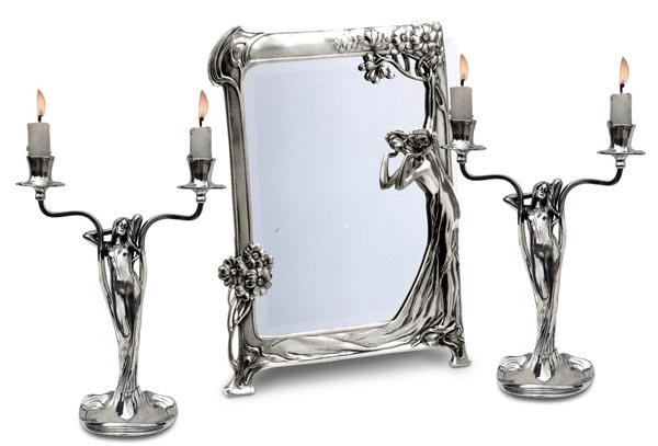 Vanity mirror - lady 131, grey, Pewter / Britannia Metal and Glass, cm 36.5 x 27