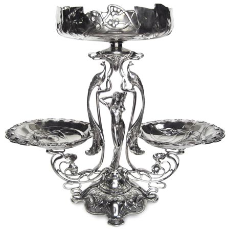 Fruit stand - woman and peacocks, grey, Pewter / Britannia Metal, cm 50 x h 50
