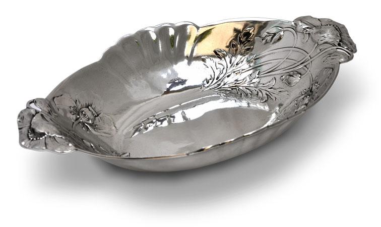 Oval bowl with handles - poppies, grey, Pewter / Britannia Metal, cm 35x21x h 6