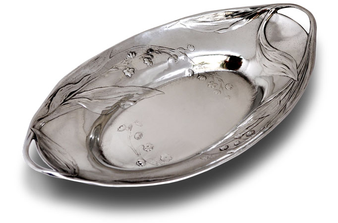 Oval bowl with handles - lily of the valley, grey, Pewter / Britannia Metal, cm 33x19