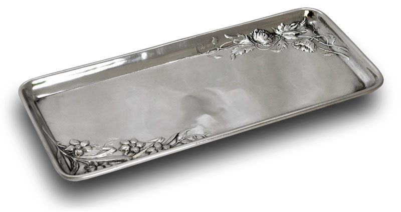 Rectangular tray with flowers, grey, Pewter / Britannia Metal, cm 27x12