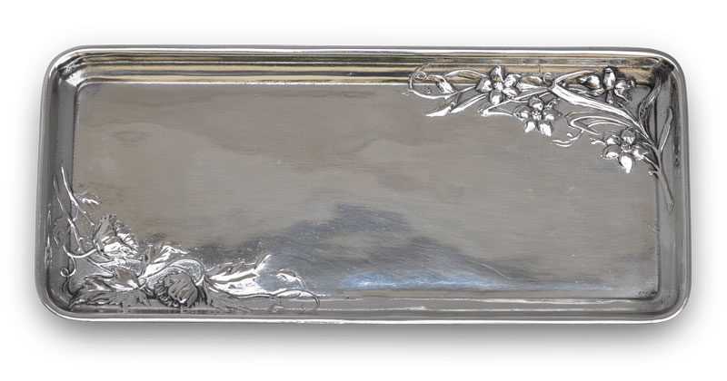 Rectangular tray with flowers, grey, Pewter / Britannia Metal, cm 27x12