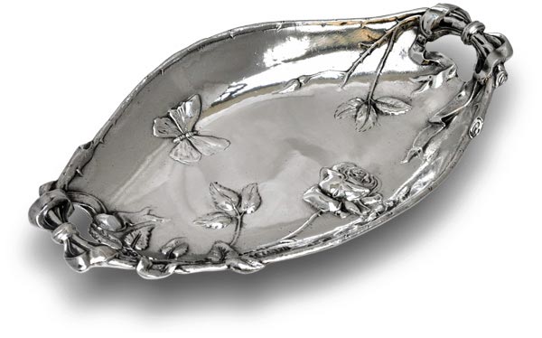 Oval bowl -  butterfly and roses, grey, Pewter / Britannia Metal, cm 34,5x20