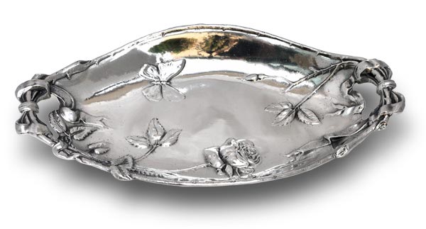 Oval bowl -  butterfly and roses, grey, Pewter / Britannia Metal, cm 34,5x20