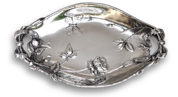 Oval bowl -  butterfly and roses, grey, Pewter / Britannia Metal, cm 34,5x20