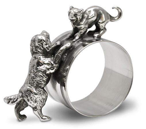 Rond de serviette - chien et chat, gris, étain / Britannia Metal, cm 7x6,5