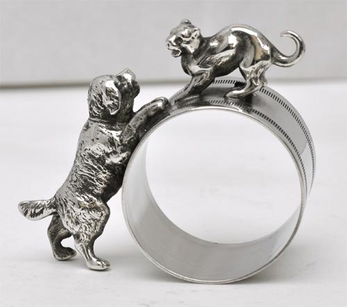 Table napkin ring - dog and cat, grey, Pewter / Britannia Metal, cm 7x6,5