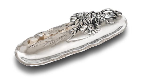 Pen tray with daisy, grey, Pewter / Britannia Metal, cm 23x10