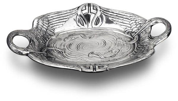 Frutero oval - pelícanos y peces, gris, Estaño / Britannia Metal, cm 37 x 22