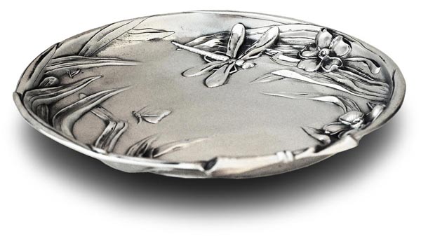 Little tray - dragonfly on garden pond, grey, Pewter / Britannia Metal, cm 25,5