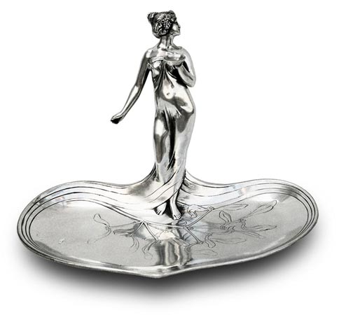 Tray ring holder - lady with a bowl in hand, gri, Cositor / Britannia Metal, cm 27 x 16,5 x h 19,5