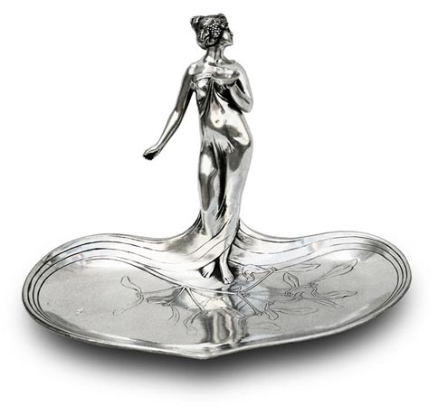 Schmuckschale - Mädchen mit Schale in der Hand, Grau, Zinn / Britannia Metal, cm 27 x 16,5 x h 19,5