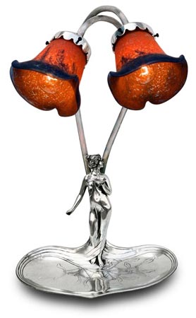 Electric lamp - lady with a bowl in hand, grey and rosso, Pewter / Britannia Metal and Glass, cm 27 x 16,5 x h 44