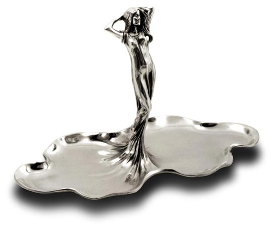 Obstschale - Frauenfigur mit Händen in den Haaren, Grau, Zinn / Britannia Metal, cm 35 x 17 x h 22,5