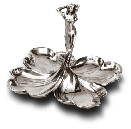 Coupe a fruits - femme avec les mains dans les cheveux, gris, étain / Britannia Metal, cm 38 x 37 x 26