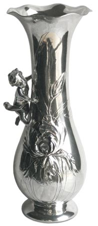 Blomstervase - iris og putto, grå, Tinn / Britannia Metal, cm h 35